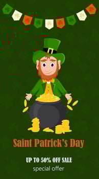 A St. Patrick's Day flyer, a brochure, an invitation to a sale, a leprechaun with a pot of gold. Vector illustration on a green background.