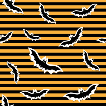 Halloween pattern with cute bat in the night sky for party decoration. Funny october night gold seamless background. vector