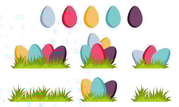 Set of decorative Easter colorful eggs on green grass. Flat vector illustration.