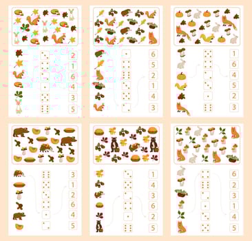 Worksheet for teaching mathematics and numeracy on the topic of autumn. For preschool children and kindergarten children who study numbers and counting. Vector illustration