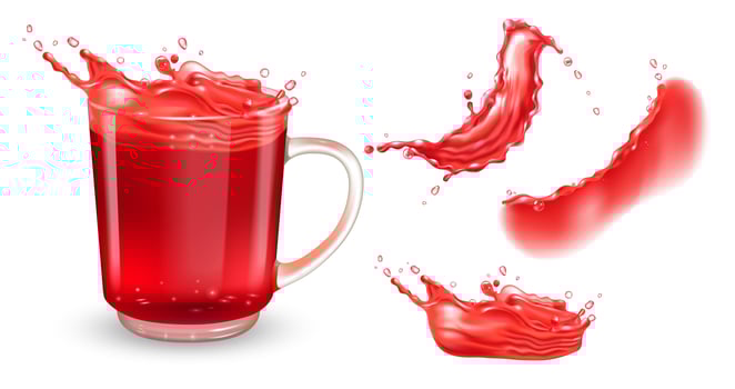 Set of tea transparent cup with red hibiscus tea and red liquid splashes. Isolated on white background. Realistic design elements. vector