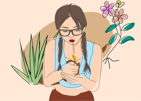 A woman with glasses and a cigarette is holding a lighter vector