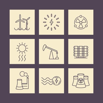 Power, energy production, electric industry, line square icons vector