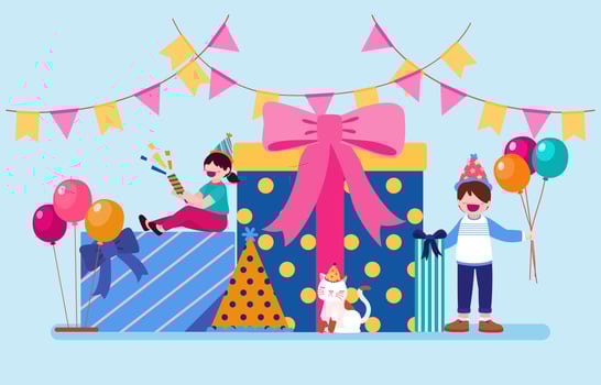 Cartoon birthday party people. Man and woman has birthday party at home. Birthday party decoration with balloon and shoot colorf vector