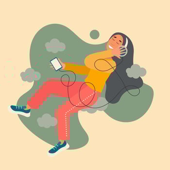 Happy woman flying relaxing between clouds is listening to the audio music, podcast, radio or book. Vector illustration in flat cartoon style.