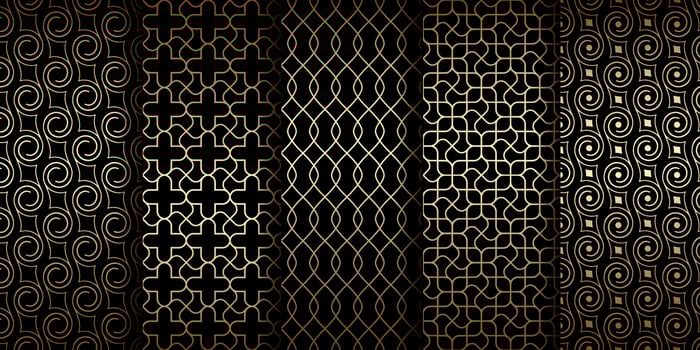 Golden oriental seamless patterns with swirls and curved lines vector