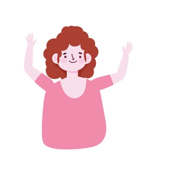 cartoon female woman character hands up icon isolated style vector