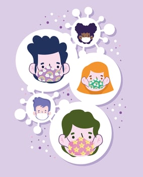 new normal lifestyle, cartoon people faces with protective masks, covid 19 outbreak vector