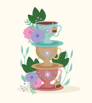 Tea time, decorative stack of cups and saucer herbal plant nature vector