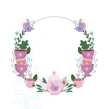 Tea time, floral wreath cups decoration flowers and leaves vector