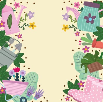 Gardening, watering can wheelbarrow flowers boots leaves foliage nature background vector
