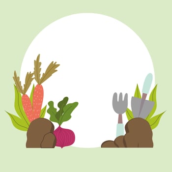 Gardening and horticulture carrots beetroot rake shovel and rocks vector