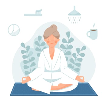 Morning routine. The girl is sitting in the lotus pose. The woman wakes up, does yoga, brushes her teeth, takes a shower, has breakfast. vector