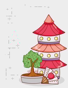 pagoda fan and bonsai tree japanese cartoon vector