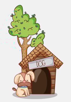 cute animals, puppy dog sitting house sun cartoon vector