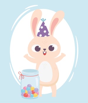 happy day, rabbit with party hat and jar full of candies vector