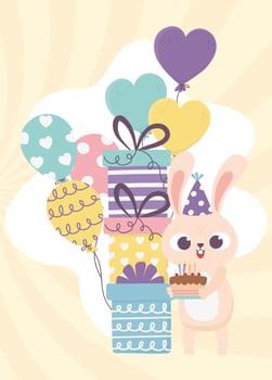 happy day, rabbit with party hat cake stacked gifts and balloons vector