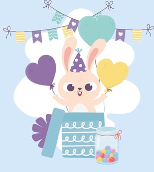 happy day, rabbit with hat coming out gift box with balloons vector