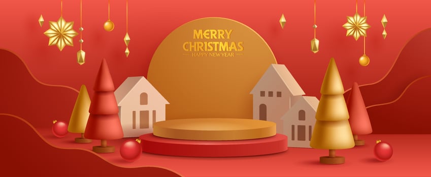 3D illustration of Christmas red and golden theme product display background with Christmas festive decoration and podium. vector