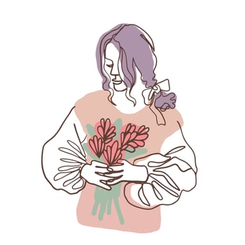 Woman holding flower bouquet. Spring concept, one line hand drawn vector illustration
