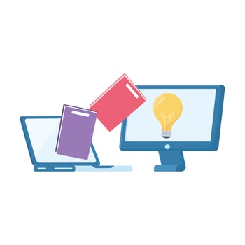 Computer laptop light bulb and books vector design
