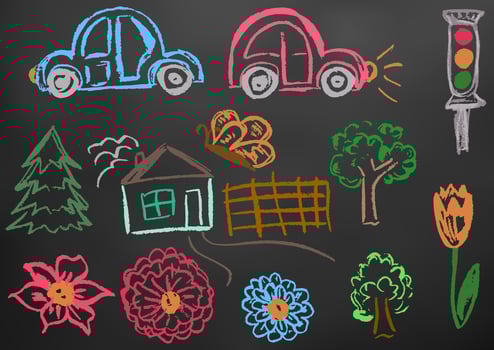 Icon in hand draw style. Drawing with wax crayons, children's creativity vector