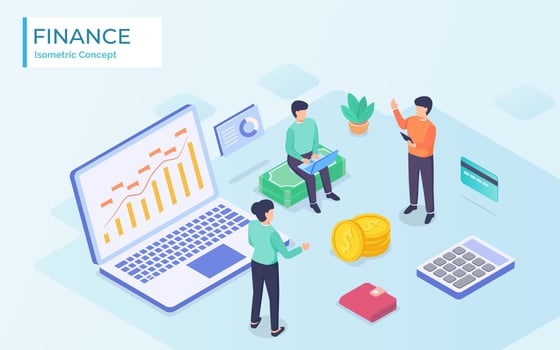 the manager finance is giving direction to his staff to improve performance by showing their appraisal on laptop with modern flat isometric cartoon illustration vector