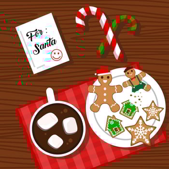 christmas food background with gingerbread, candy cane and hot chocolate vector