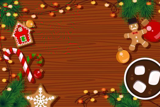 christmas food background with gingerbread, candy cane and hot chocolate vector