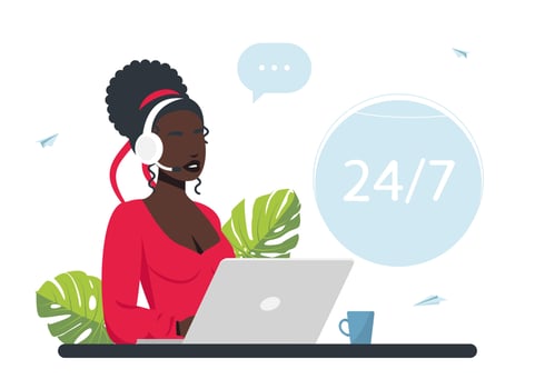 Operator call center. Customer service. Woman with headphones, microphone with a laptop. Concept vector illustration for support. hotline operators consult customers with headsets on computers