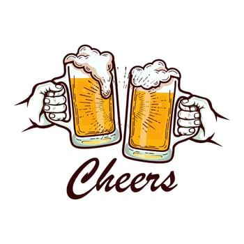 Beer glasses hand drawn vector illustration. Cheers lettering phrase. Cartoon style. Design for logo, banner, poster, greeting cards, web, invitation to party.