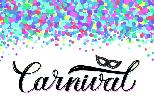 Carnival calligraphy lettering with colorful confetti. Masquerade party poster or invitation. Vector illustration. Easy to edit template for Brazilian carnival in Rio or Mardi Gras in New Orleans.