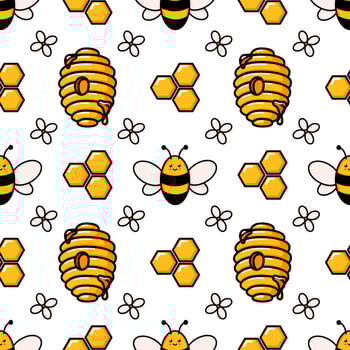 Cute honey bee seamless pattern. Vector doodle cartoon beehive, flowers and honeycombs illustration digital paper isolated on white background perfect for kids fabric