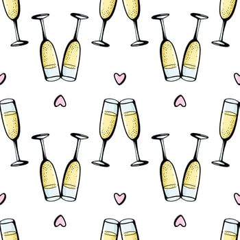 Glasses of champagne seamless doodle pattern. Cheers vector illustration on white background. Valentines day greeting card, anniversary celebration poster