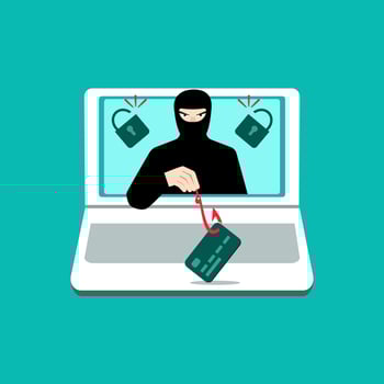 A computer hacker who steals money from online bank accounts. Web crime with password hacking. The concept of phishing, hacker attacks, online fraud, and web protection. Vector illustration.