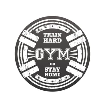 Round gym emblem, logo, badge with barbells over white vector