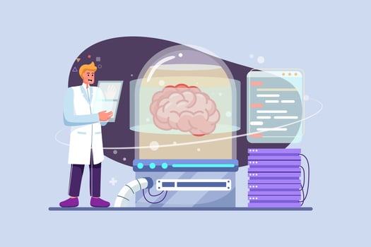 A man standing at the control panel and programming brains in glass pods connected into a network vector