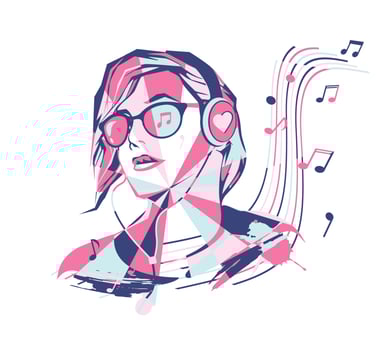 Girl in big headphones with a picture of a heart listens to music. Abstract image of a music lover, love of music, notes and sound. vector