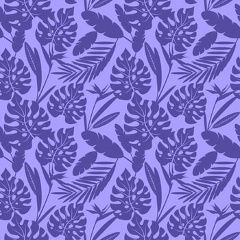 Seamless patterns with tropical exotic leaves and flowers. Vector image in blue tones.