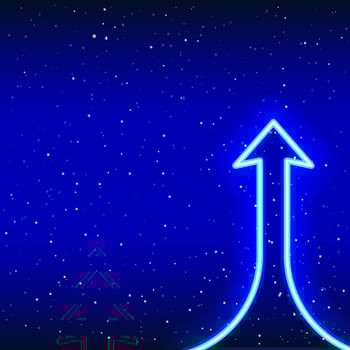 Neon blue upward rising arrow. Success-Idea phase. Arrow sign rising from the ground. Neon 3d arrow sign. Realistic neon icon. Linear icon on blue background. Writing area vector