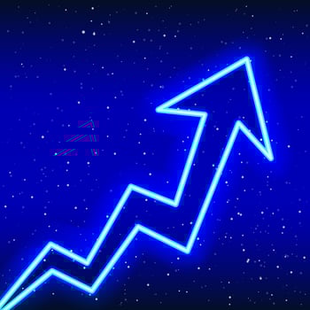Neon blue upward rising electric arrow. Success-Idea phase. Curved arrow sign rising from the ground. Neon 3d arrow sign. Realistic neon icon. Linear icon on blue background. Writing area vector