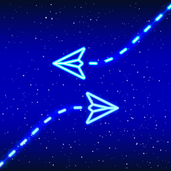 Airplane blue from neon paper. Idea phase. Neon collision avoidance airplane icon design. Realistic neon icon. Linear icon on blue background. vector