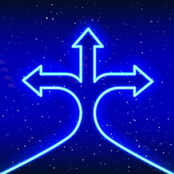 Neon blue 3 headed upward moving arrow. Success-Idea phase. Right and left direction sign. Neon 3d arrow sign. Realistic neon icon. Linear icon on blue background. vector