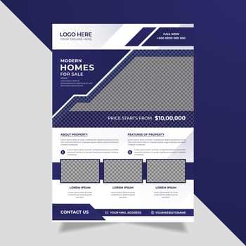 Modern minimal real estate flyer template with blue color abstract shapes on a white background, vector design.