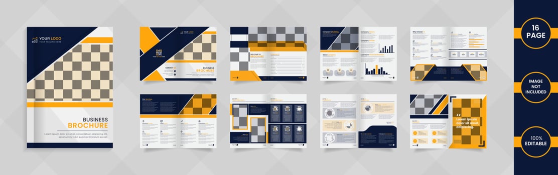 Modern 16 page Company brochure design with yellow and dark blue color abstract shapes and Information. vector