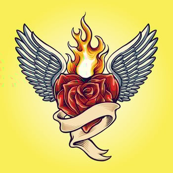 Rose heart flying fiery with classic ribbon Vector illustrations