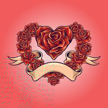 Red rose blooms love shape with vintage ribbon Vector illustrations