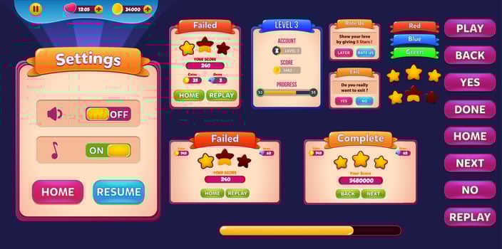Game Ui Kit with Menus, pop up, screens and Game elements vector