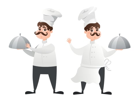 Chefs in white hat in a restaurant kitchen preparing food. Cute chefs in uniform holding an empty dish. Professional master vector