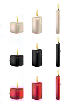 Vector set of realistic burning multi colored candles on white background. Yellow, black, red, candles for halloween, magic, mystique, romantic